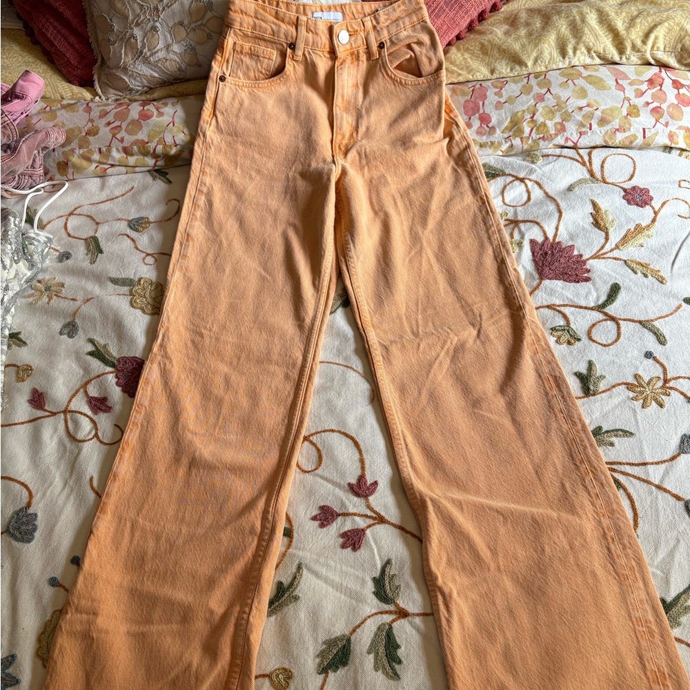 ZARA ORANGE FULL LENGTH TRF HIGH RISE WIDE LEG JEANS Y2K